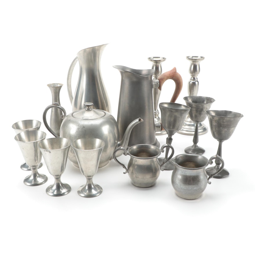 Continental Pewter Tea Set and Other Pewter Tableware, Mid to Late 20th Century