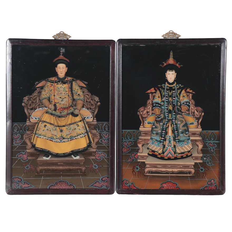 Chinese Reverse Glass Portraits of an Emperor and Empress
