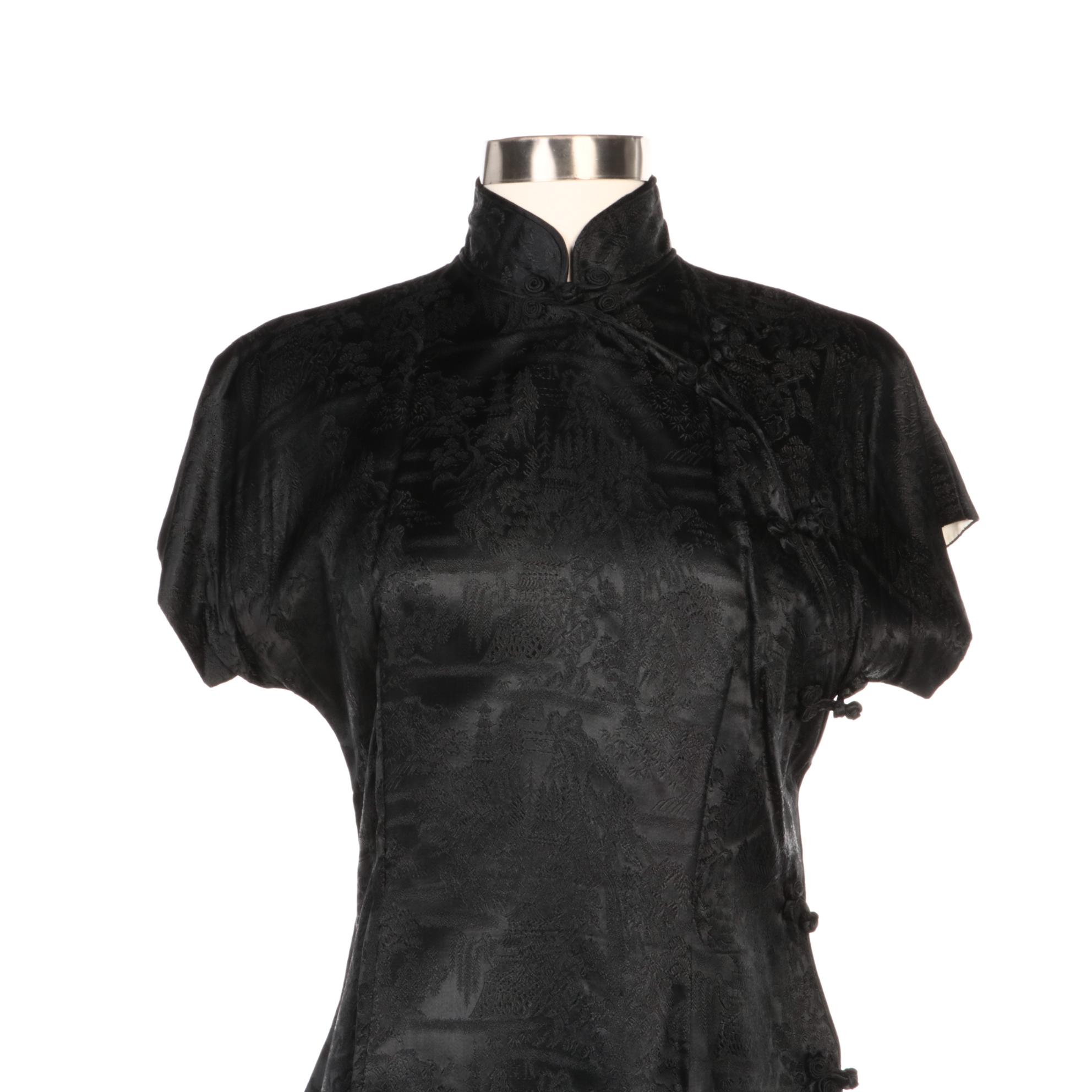 Japanese Fuku Black Pagoda Brocade Cheongsam Style Dress