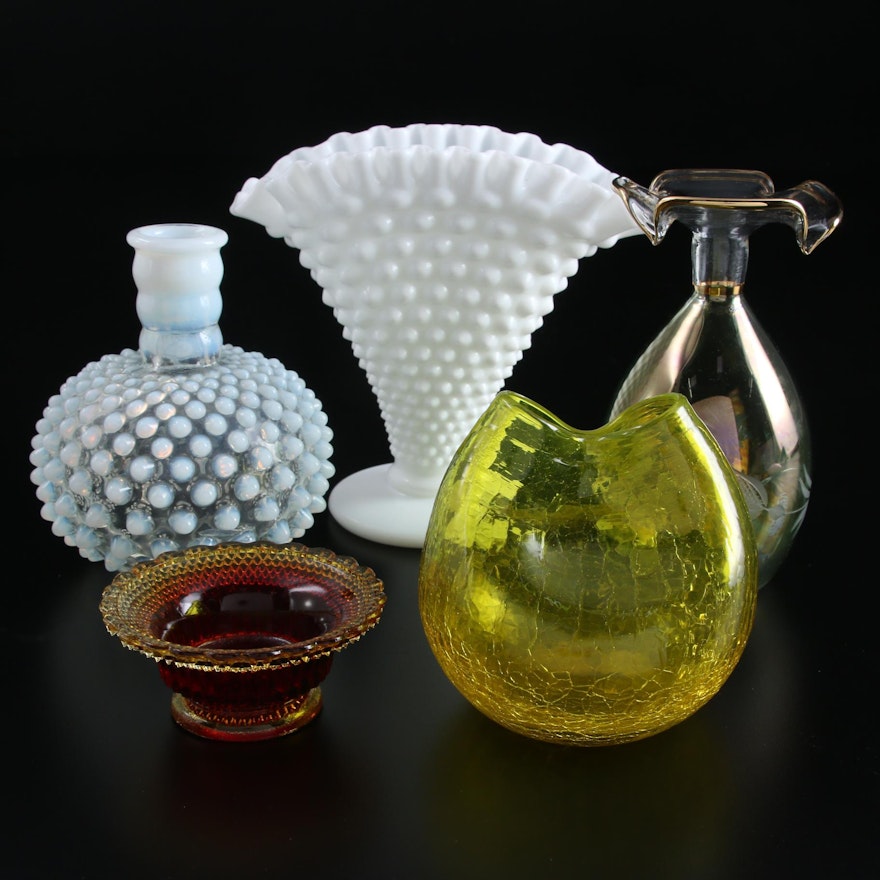 Hobnail Milk Glass Fan Vase and Other Glass Vases