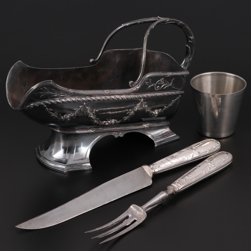 French 800 Silver Carving Set, Silver Plate Bottle Holder and More