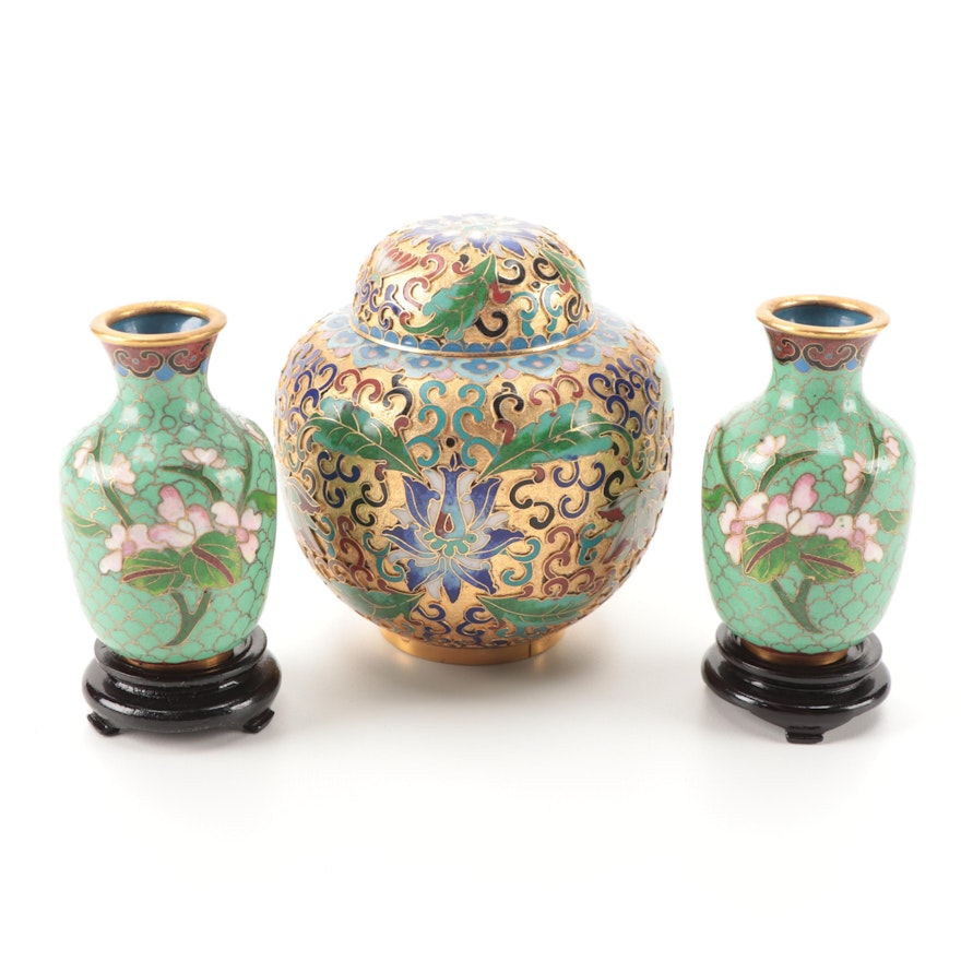 Chinese Champleve Ginger Jar with Miniature Bud Vases on Stands