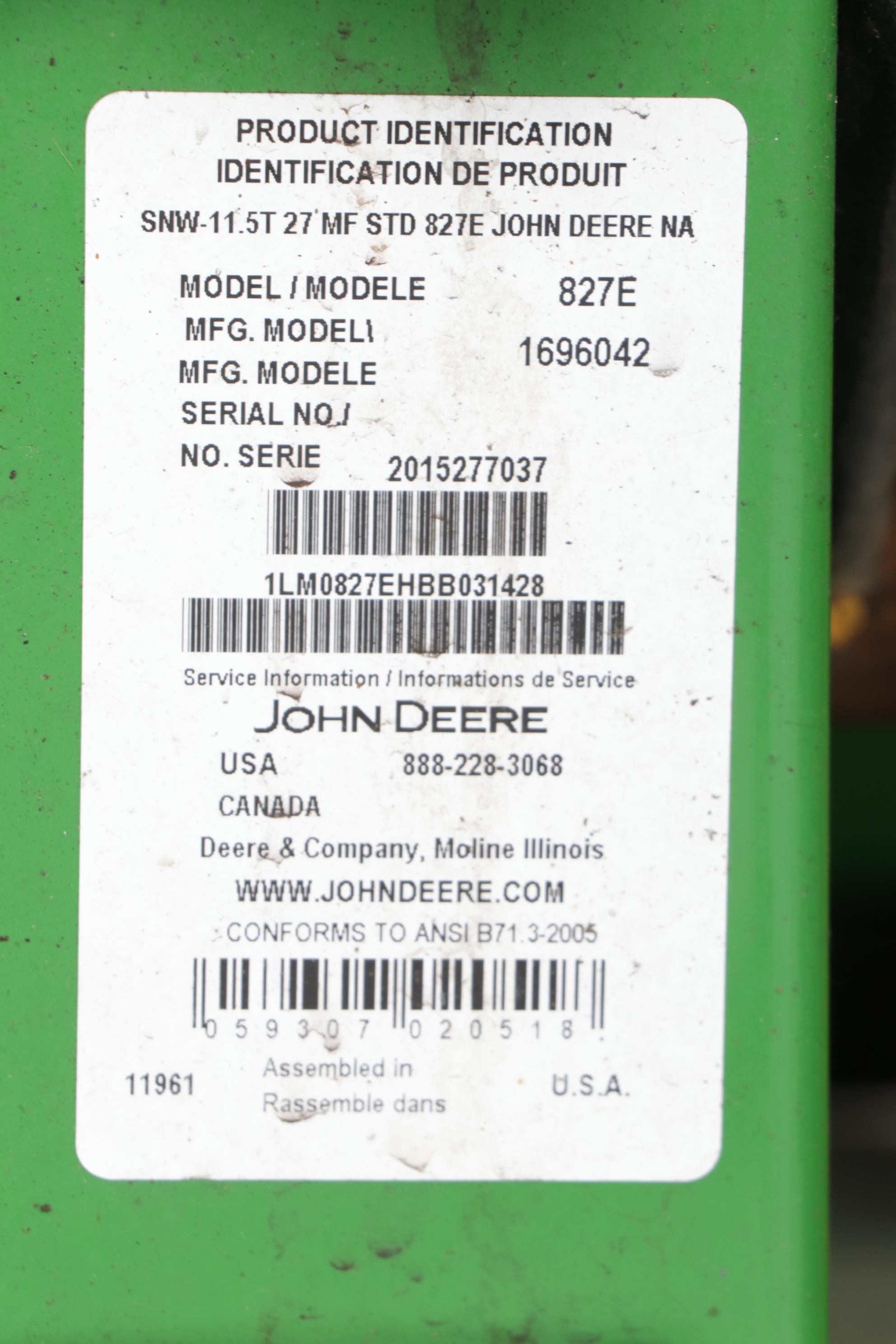 John Deere Model 827E Snow Thrower, 2011