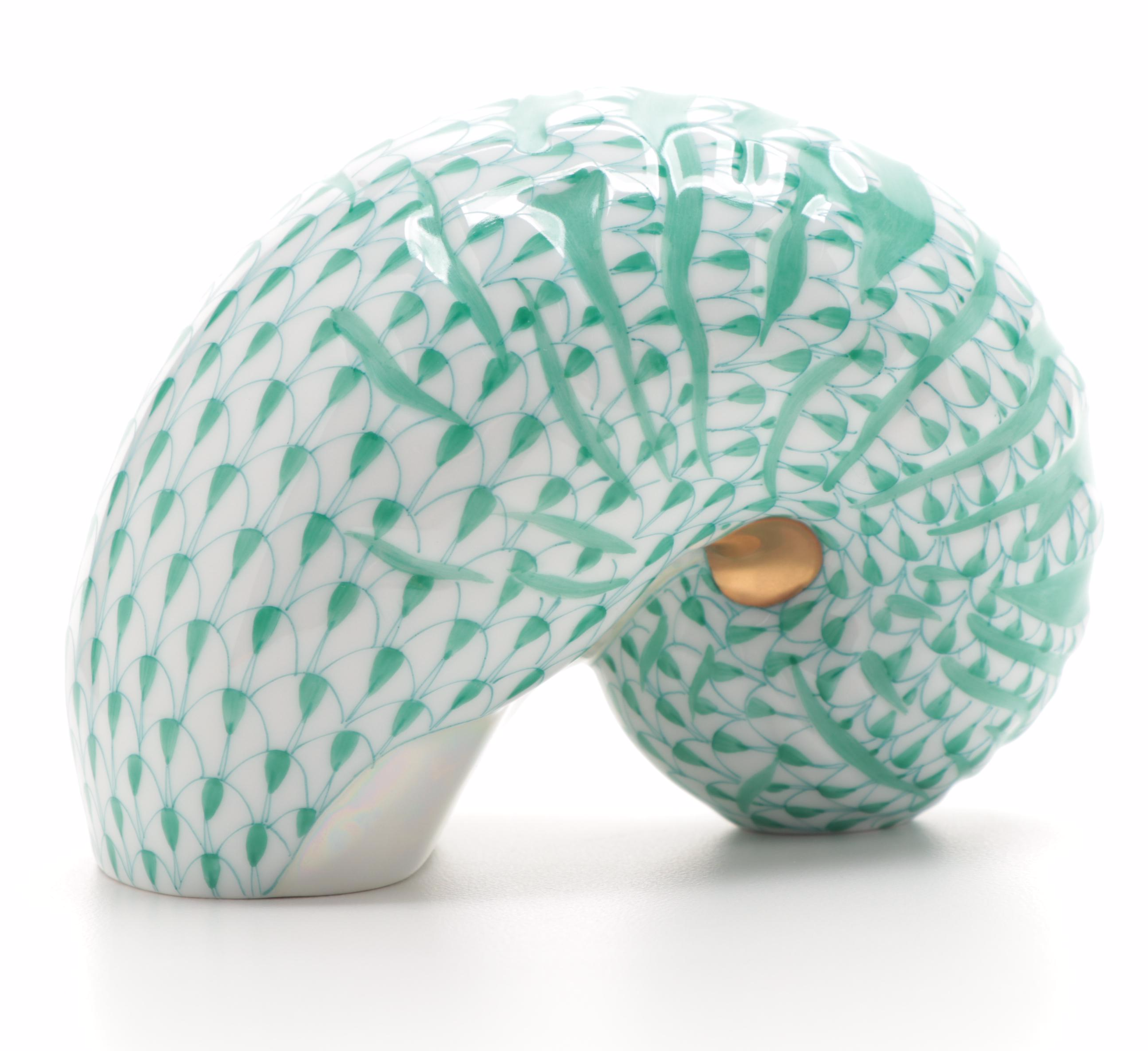 Herend Green Fishnet with Gold "Nautilus Shell" Porcelain Figurine