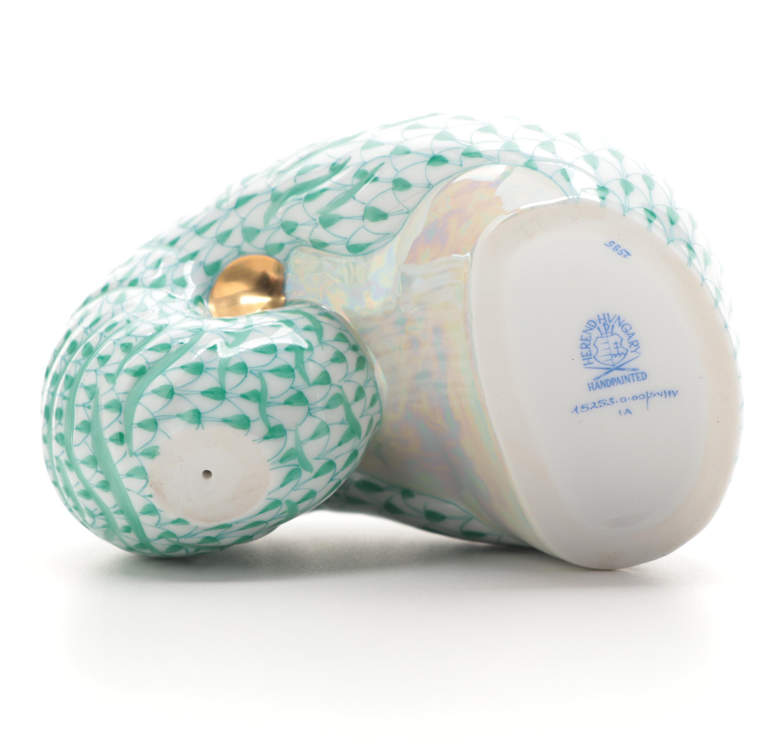 Herend Green Fishnet with Gold "Nautilus Shell" Porcelain Figurine