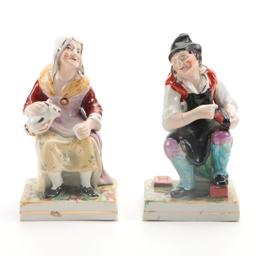 Staffordshire The Cobbler Jacobson and His Wife Nell Ceramic Figurines, Antique