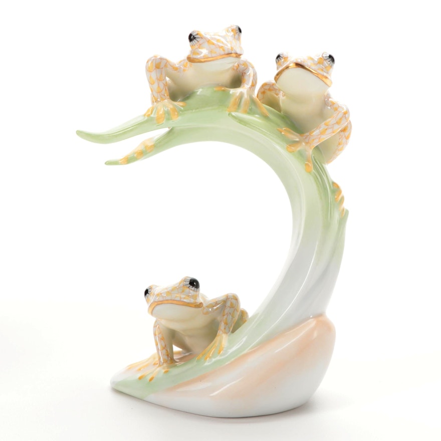 Herend Golden Anniversary Fishnet "Frogs on Leaf" Porcelain Figurine, 2007