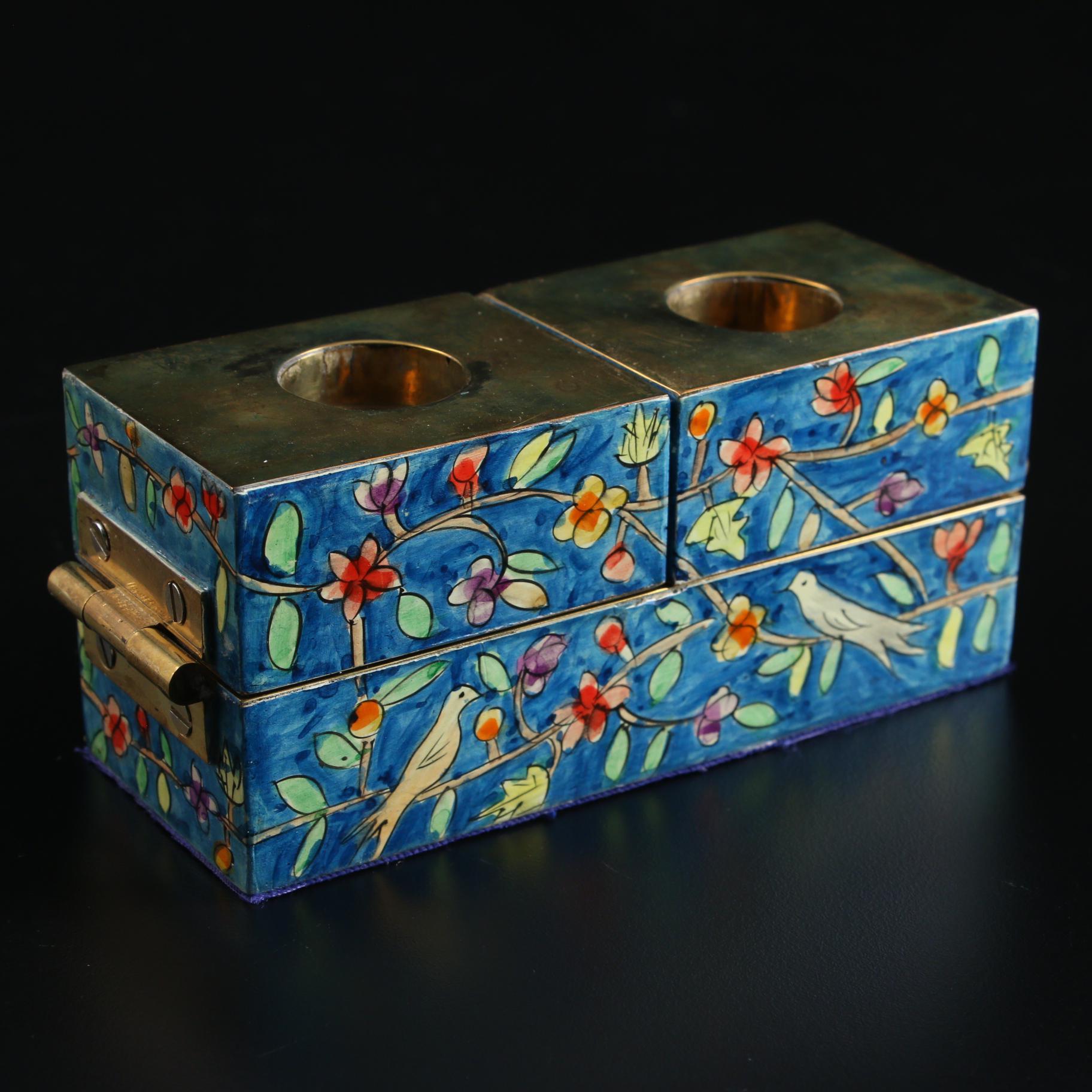Yair Emanuel  Hand-Painted Lacquered Shabbat Candle Holders, Mid-20th C.