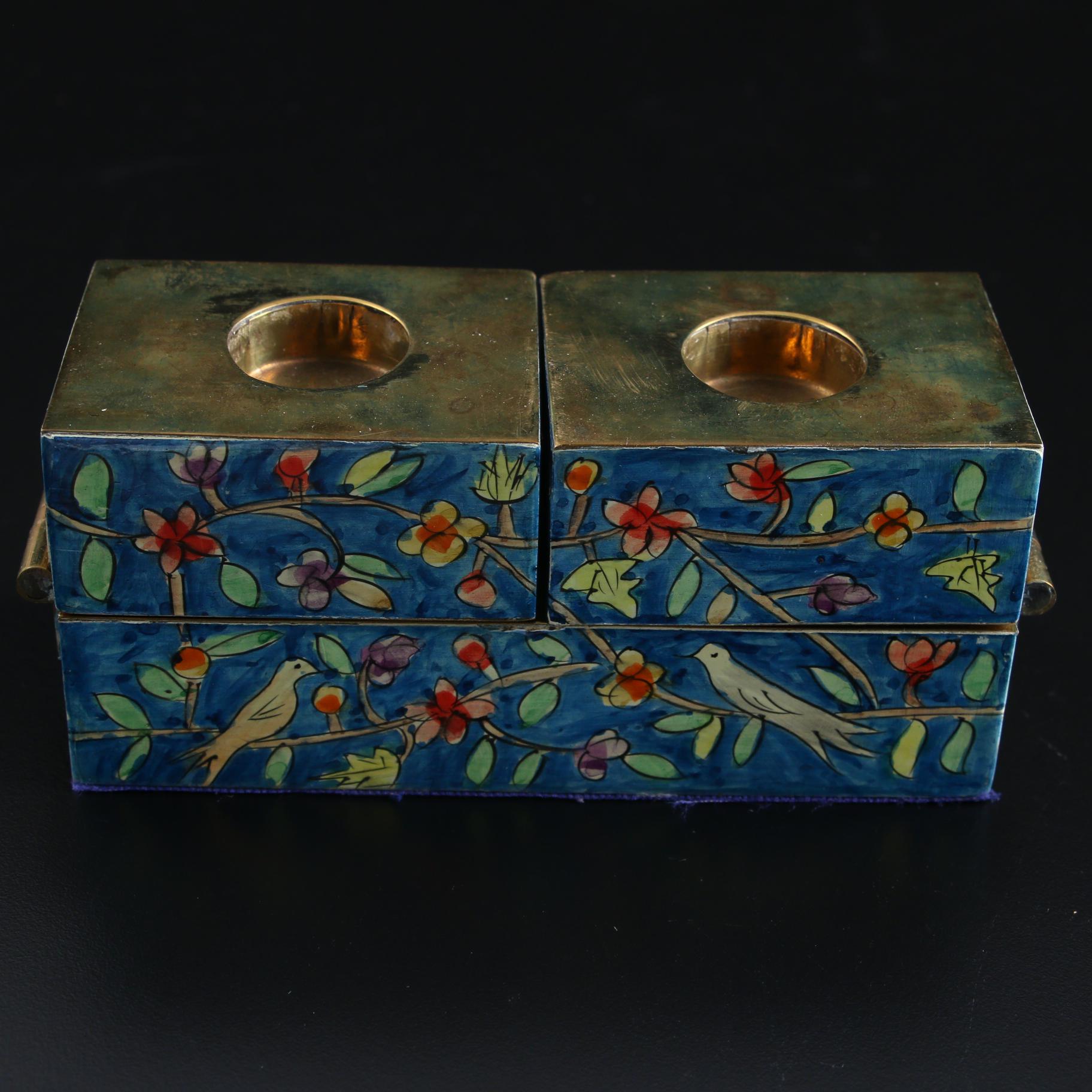 Yair Emanuel  Hand-Painted Lacquered Shabbat Candle Holders, Mid-20th C.