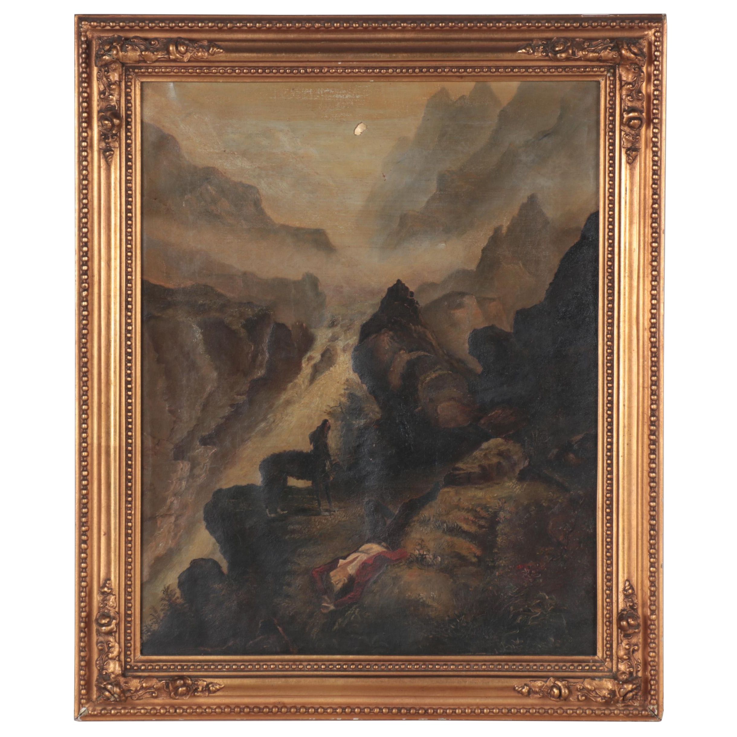 Landscape Oil Painting of Man Lying Next to a Waterfall, Mid-20th Century