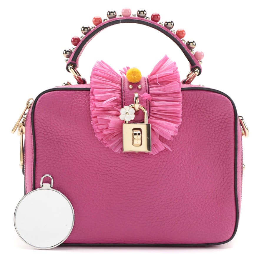 Dolce & Gabbana Embellished Pom-Pom Pink Grained Leather Two-Way Box Satchel