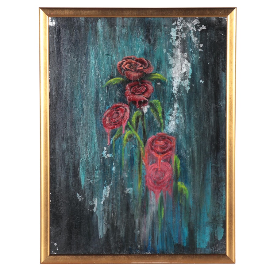 Mixed Media Painting of Roses, Late 20th Century