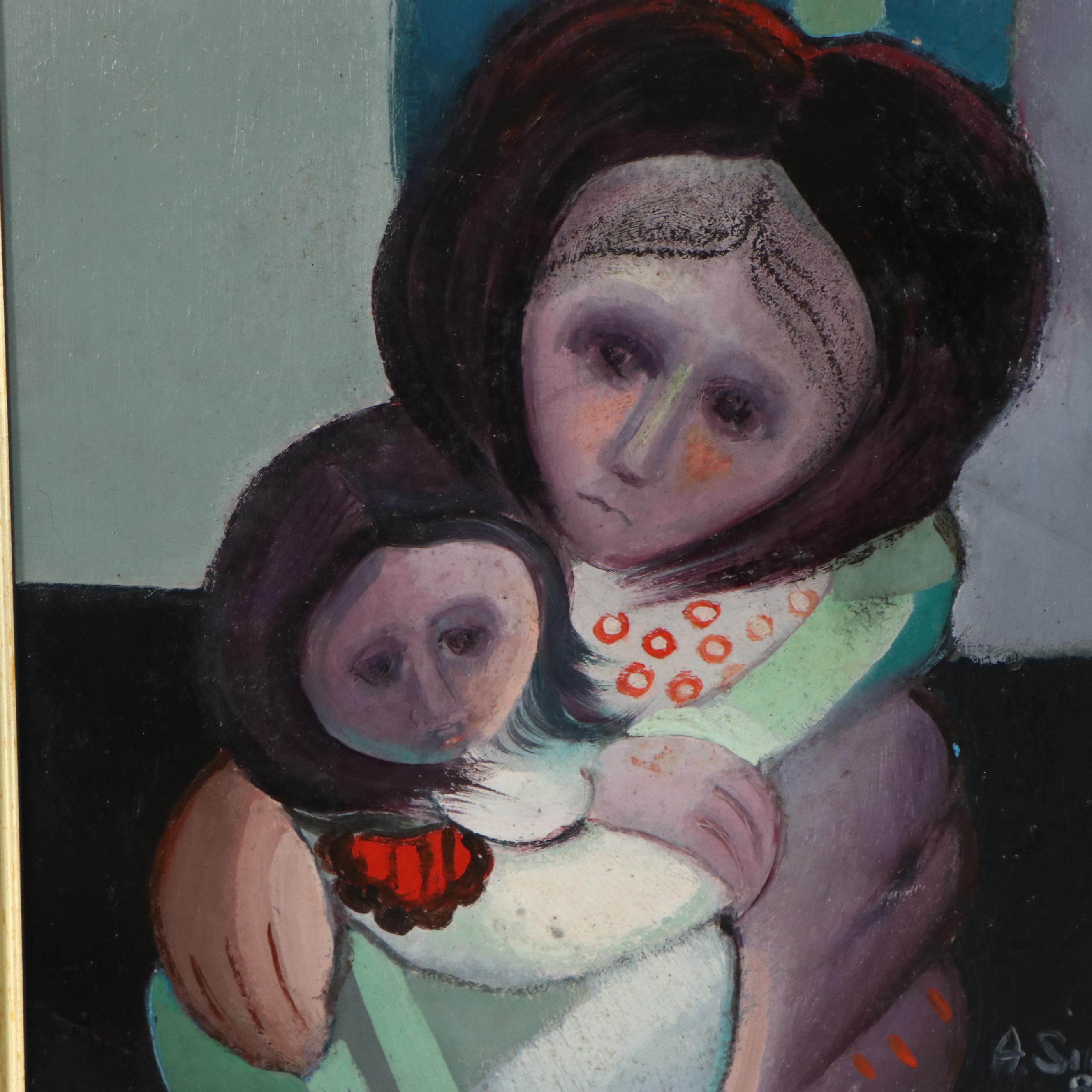 Alfredo Sinclair Oil Painting of Mother and Child, 1989
