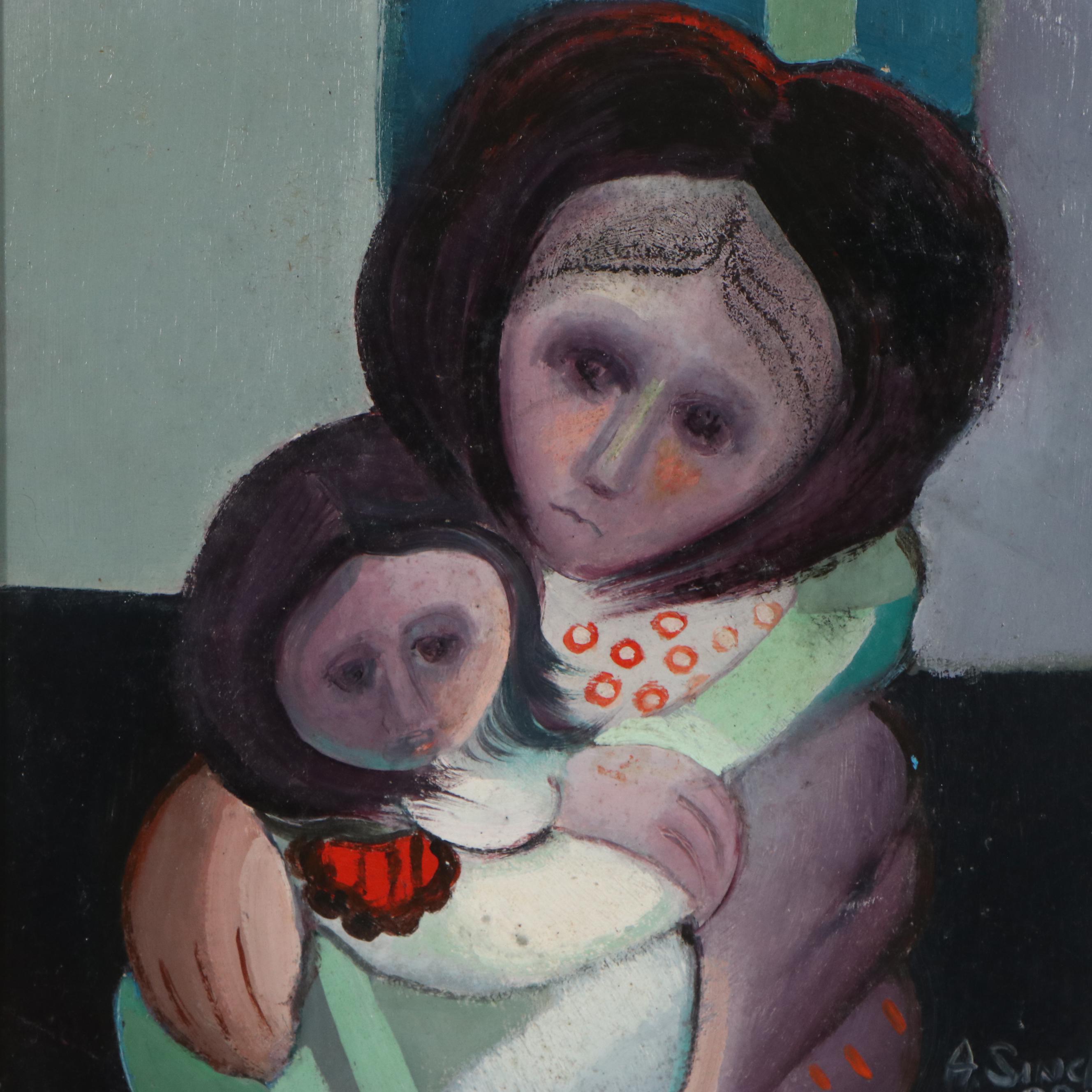 Alfredo Sinclair Oil Painting of Mother and Child, 1989