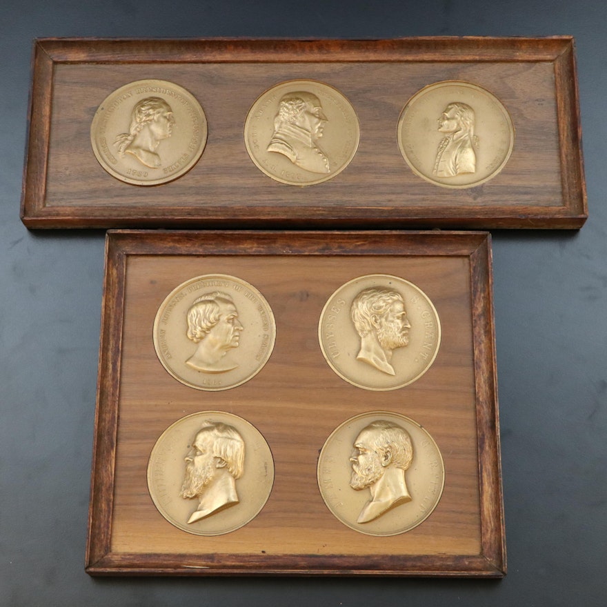 Seven Framed Bronze Presidential Commemorative Medals