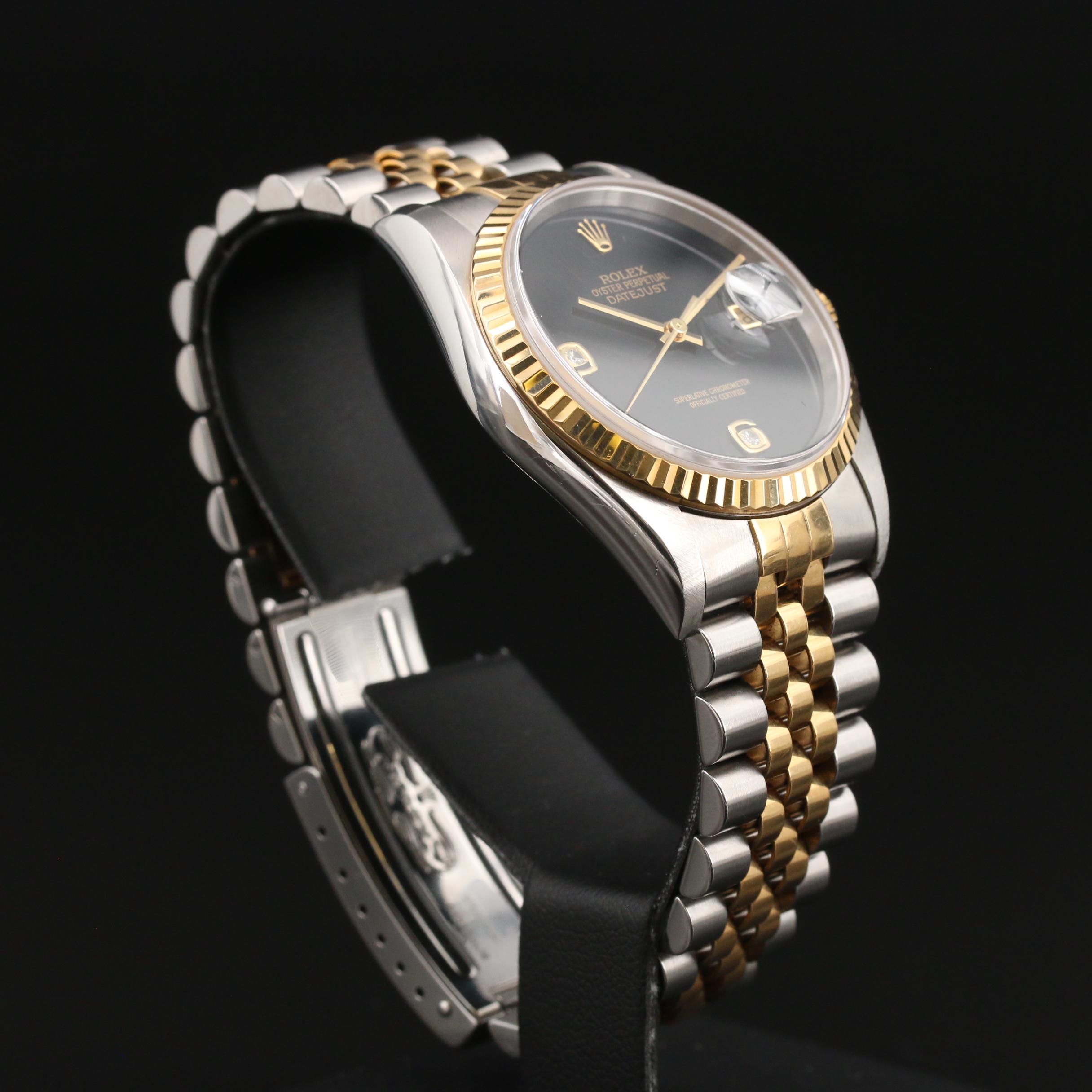 1997 Rolex Datejust Diamond Onyx Dial 18K Gold and Stainless Steel Watch