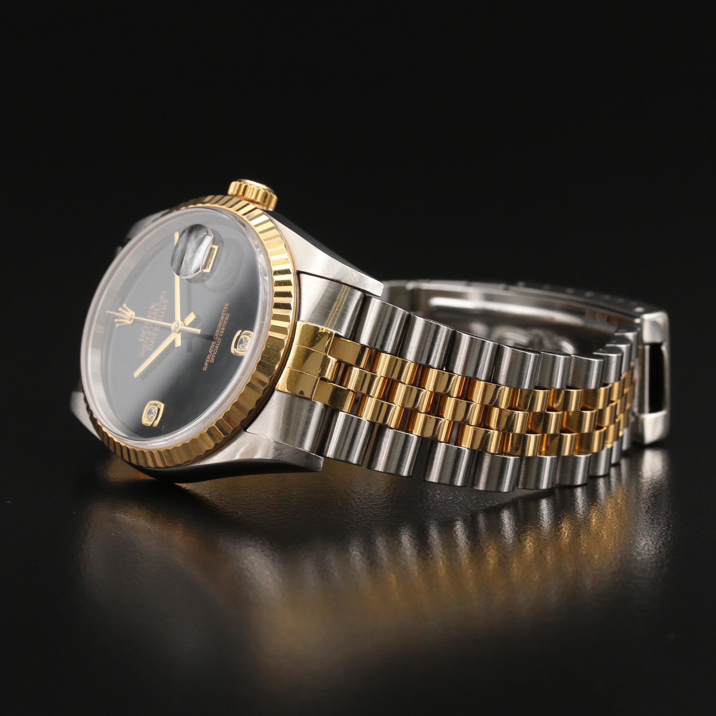1997 Rolex Datejust Diamond Onyx Dial 18K Gold and Stainless Steel Watch