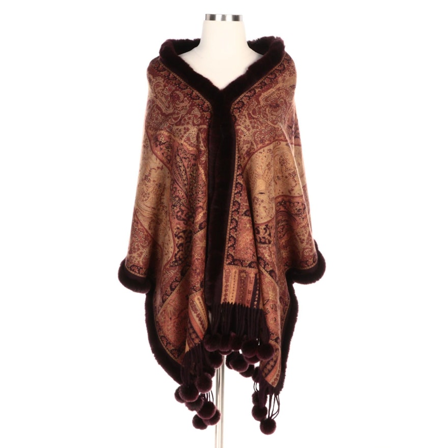 Paisley Print Cashmere and Rex Rabbit Fur Stole with Pom-Poms and Merchant Tag