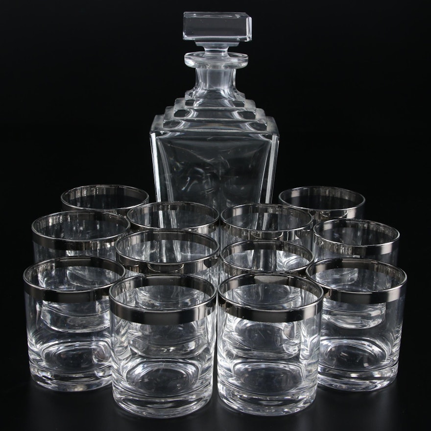 Ceska Crystal Decanter with Silver Rimmed Old Fashioned Glasses