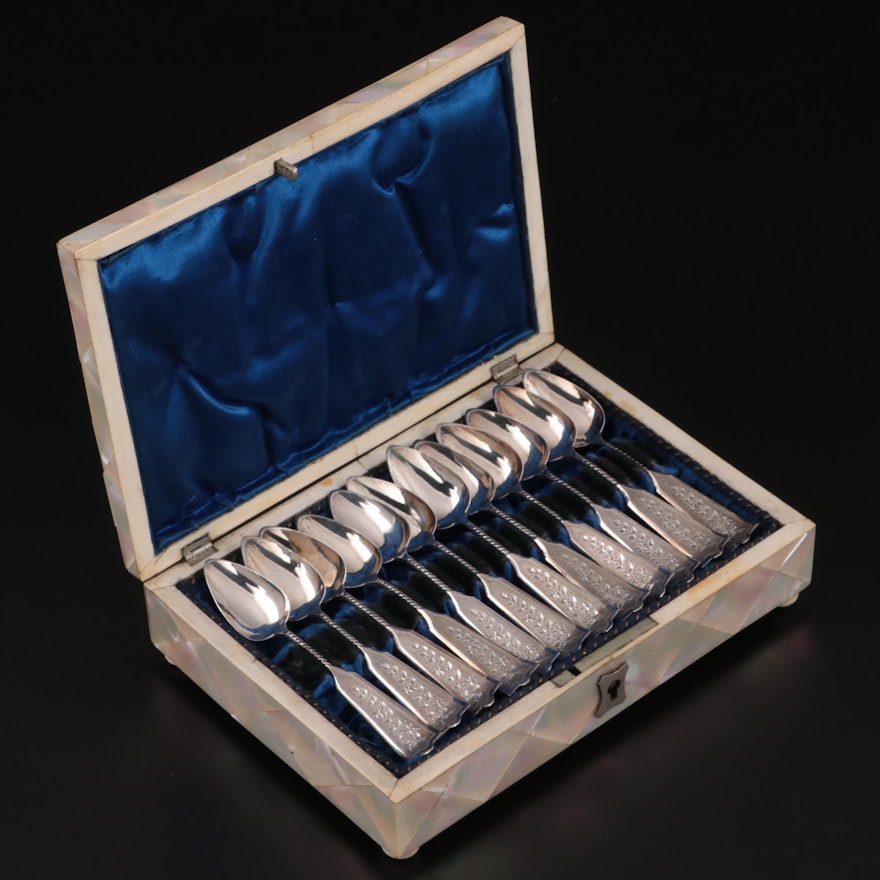 Dutch 833 Silver Fruit Spoons with Mosaic Mother-of-Pearl Box