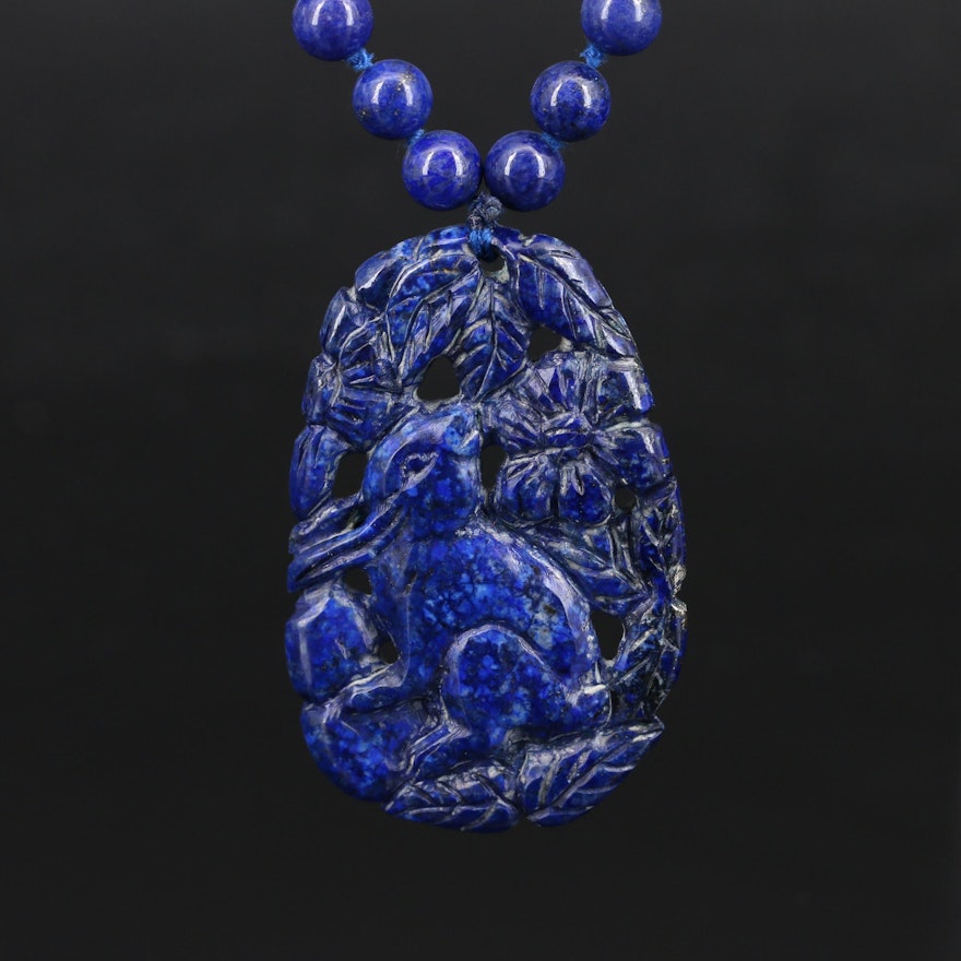 14K Lapis Lazuli Bead Necklace with Carved Rabbit Pendant