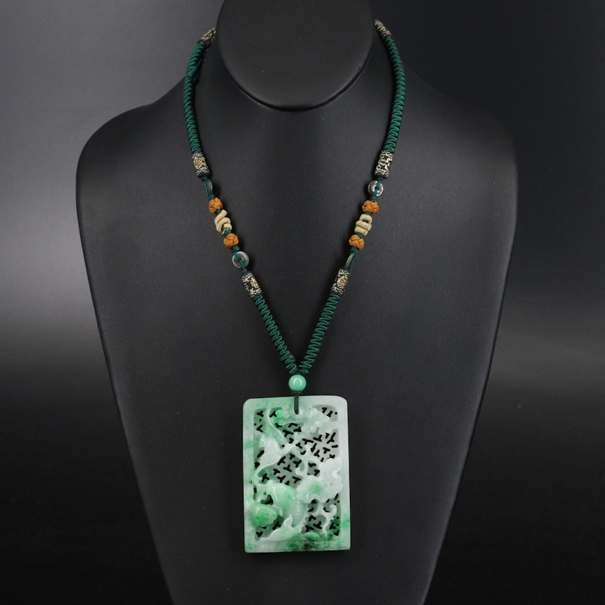 Carved Jadeite Floral Pendant Necklace with Quartzite Bead Accents