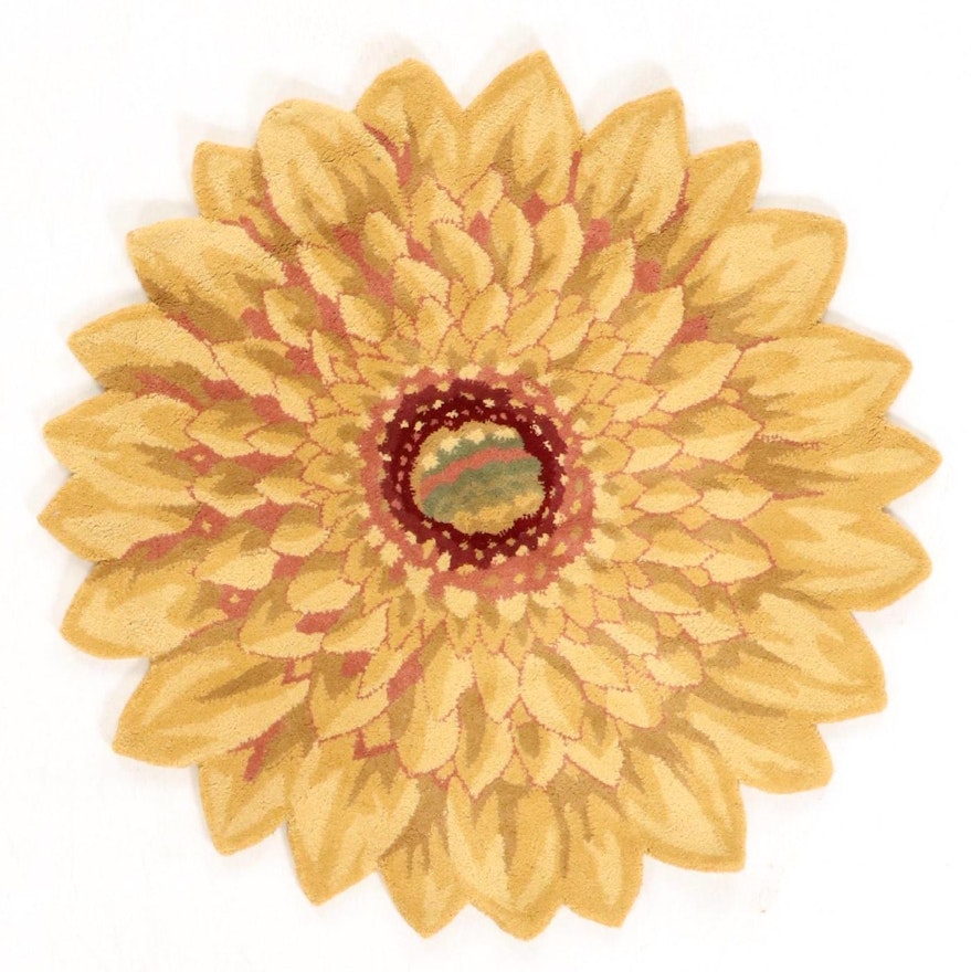4' x 4' Hand Tufted Indo-Sunflower Round Rug, 2010s