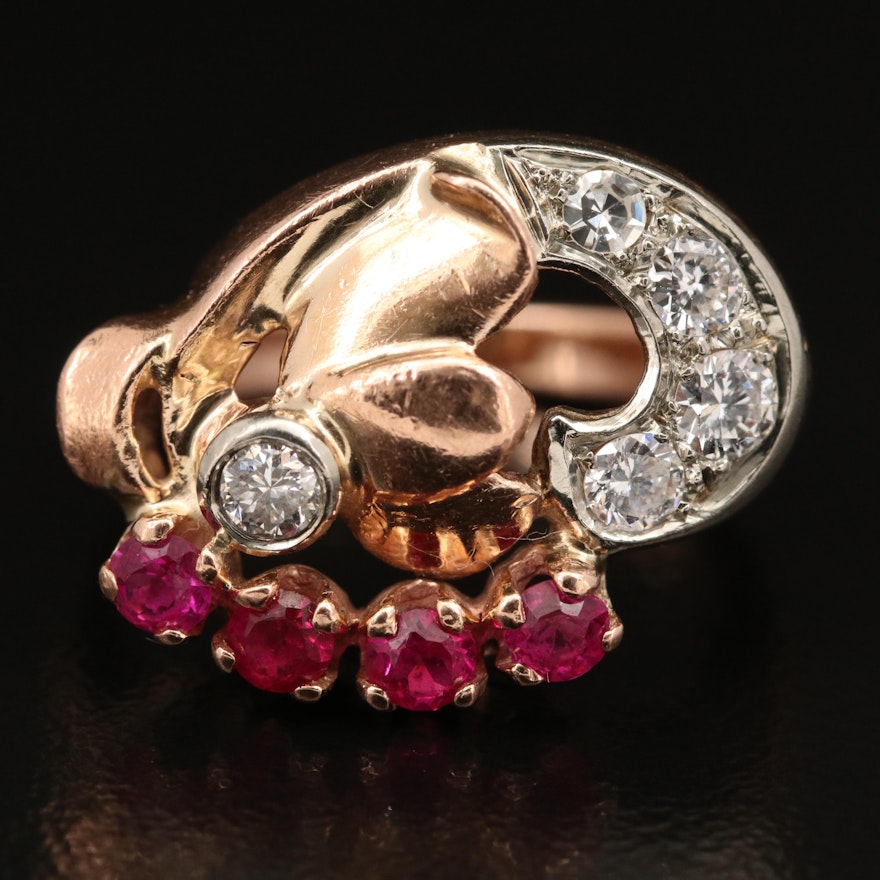 Retro 14K Rose Gold Diamond and Ruby Ring with White Gold Accents