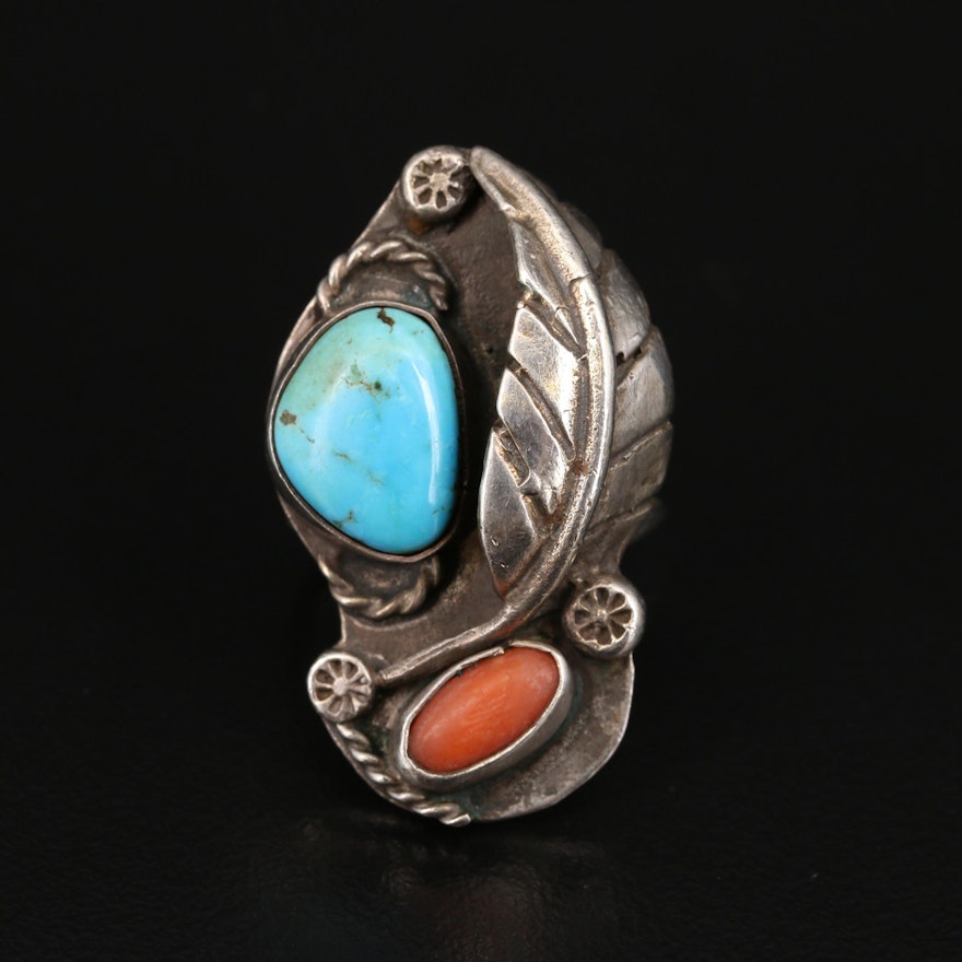 Southwestern Sterling Turquoise and Coral Feather Ring with Wire Detail