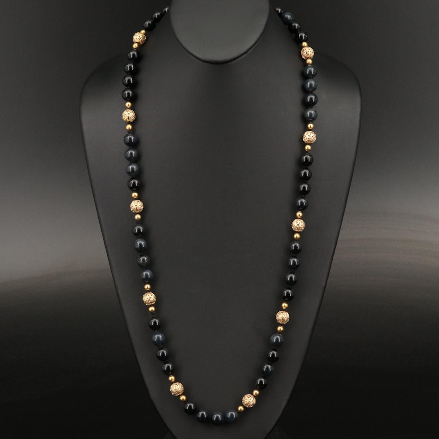 Vintage 14K Onyx Beaded Station Necklace Including Filigree Beads