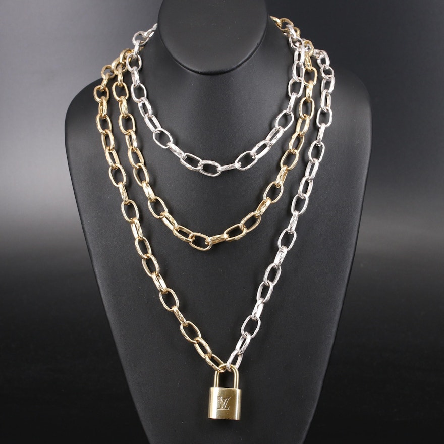 Louis Vuitton Lock on Two Tone Cable Link Necklace