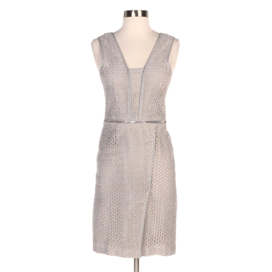 Yigal Azrouël Gray Eyelet Lace Cocktail Dress with Lambskin Trim and Zip Detail