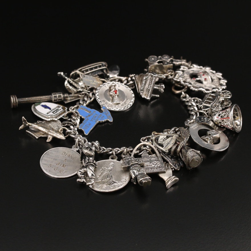 Vintage Travel Themed Charm Bracelet with Sterling Charms