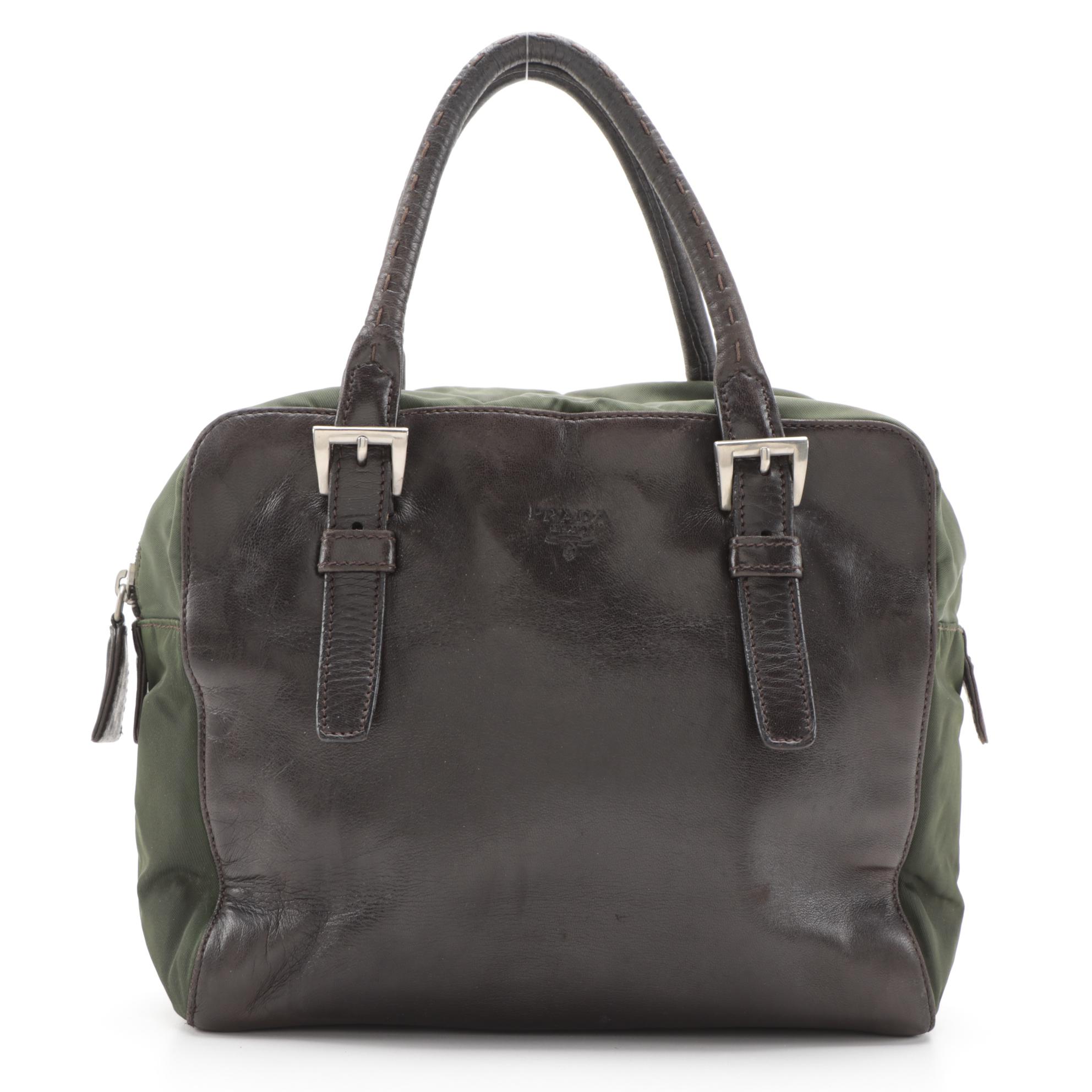 Prada Top Handle Bag in Brown Leather and Green Nylon
