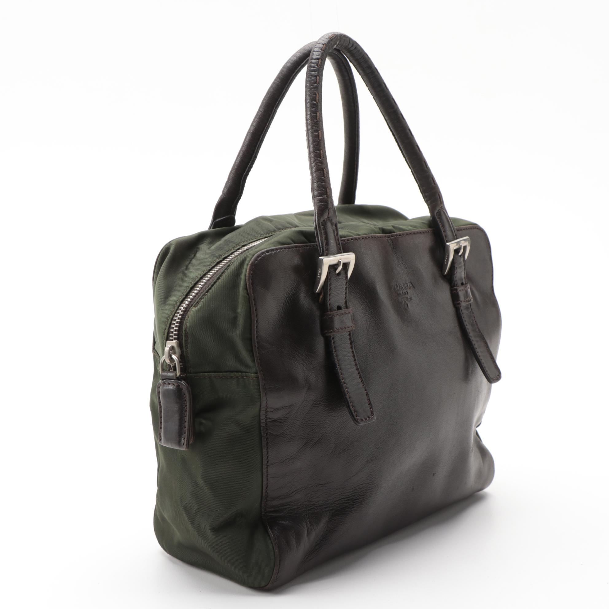 Prada Top Handle Bag in Brown Leather and Green Nylon