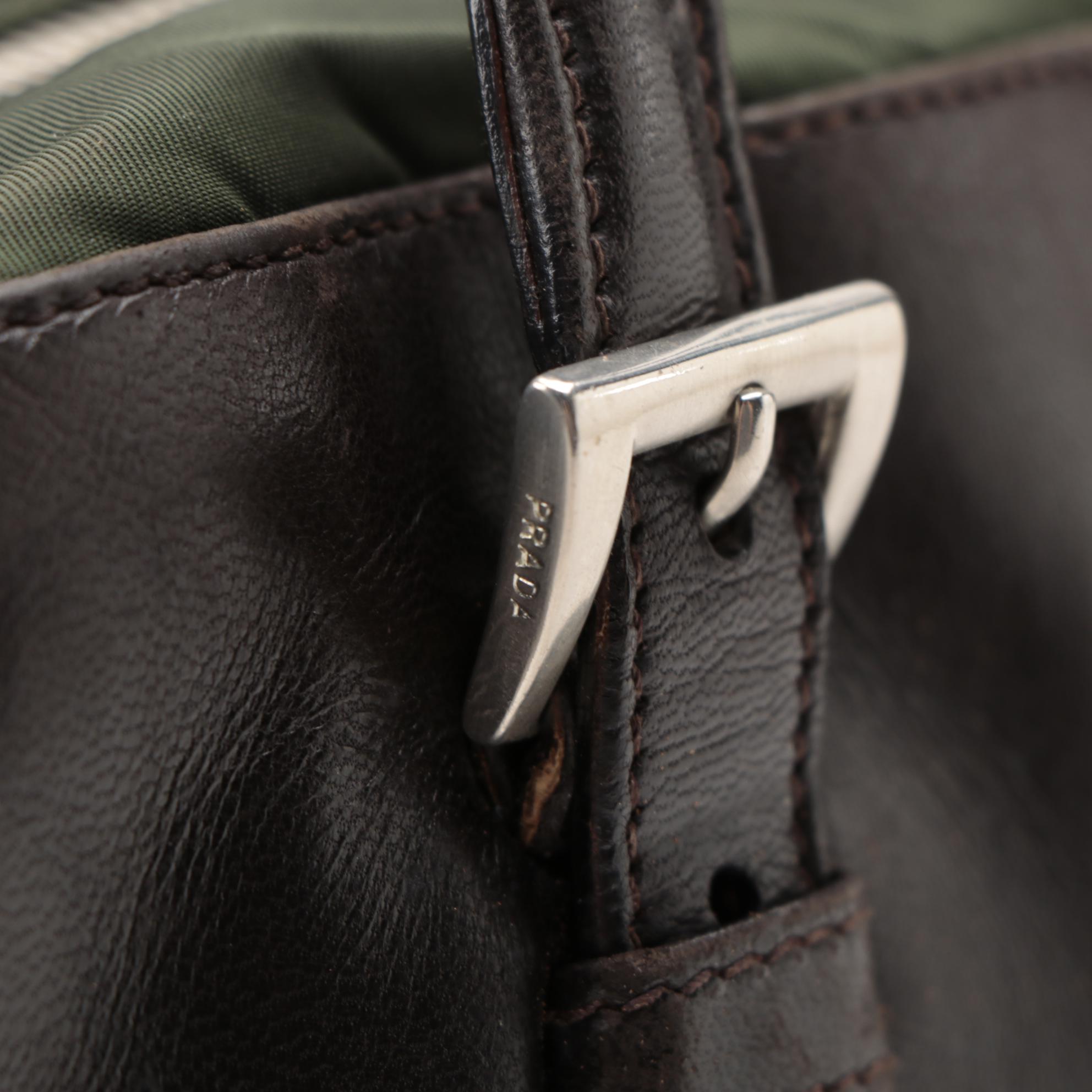 Prada Top Handle Bag in Brown Leather and Green Nylon