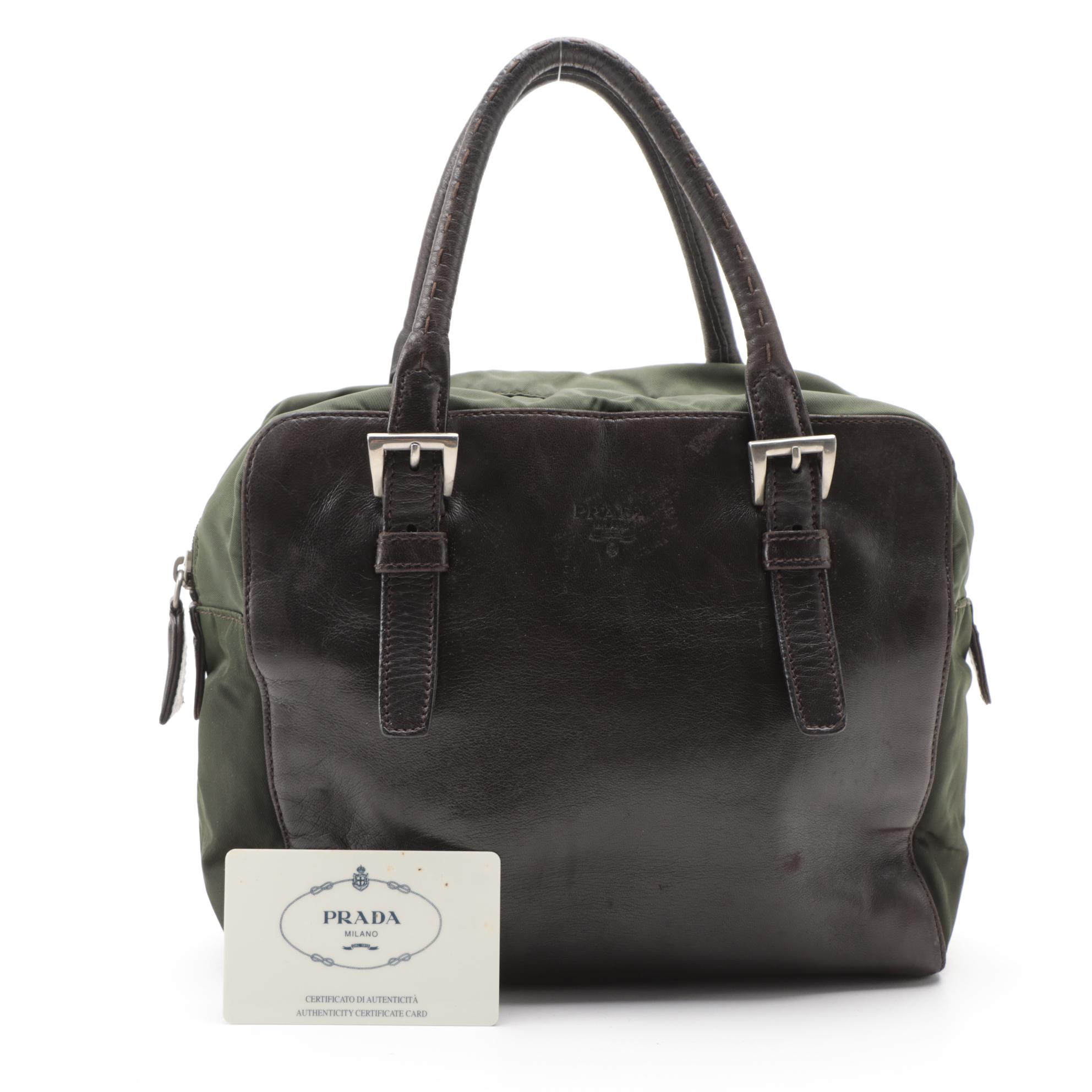 Prada Top Handle Bag in Brown Leather and Green Nylon