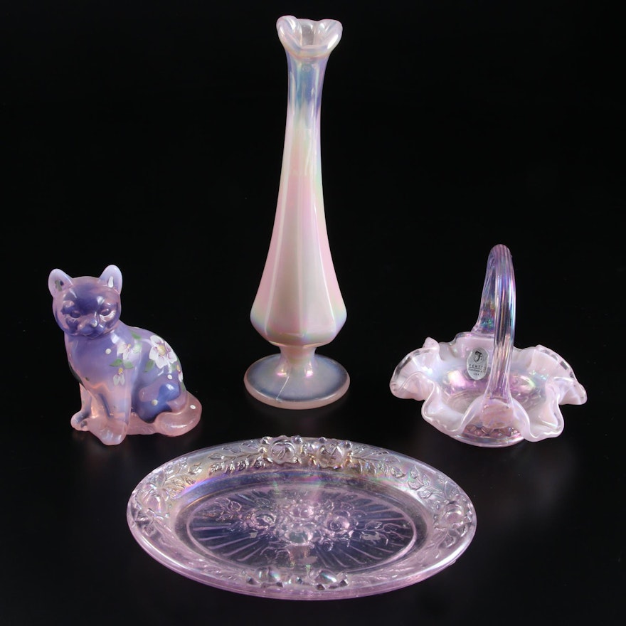 Fenton Glass Signed Cat Figural with Bride's Basket, Vanity Dish and Vase