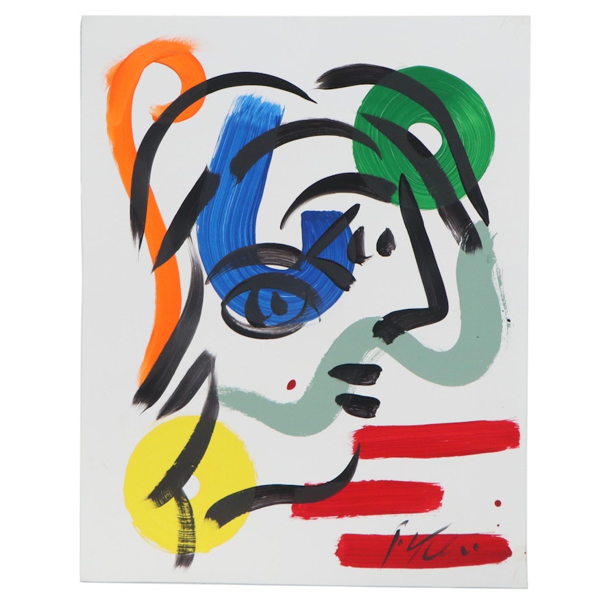 Peter Keil Abstract Portrait Acrylic Painting, Late 20th Century