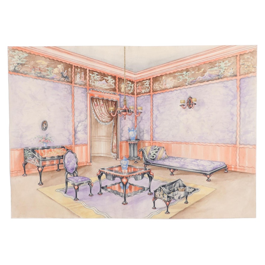Manuel Lopez Watercolor Painting of Interior Living Space, Early 20th Century