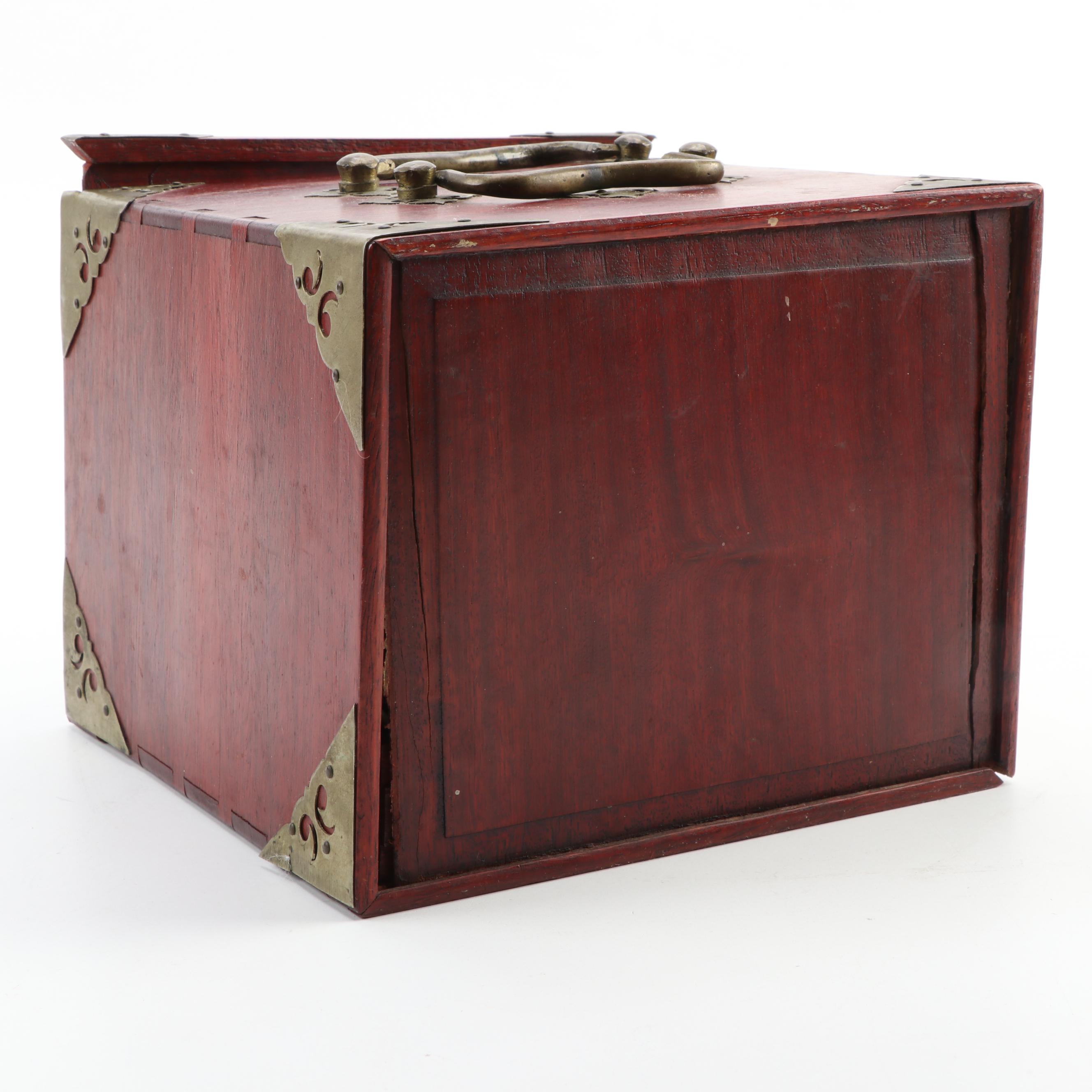 Mahjong Chinese Strategy Game in Wooden Box with Brass Accents, Mid-20th C.