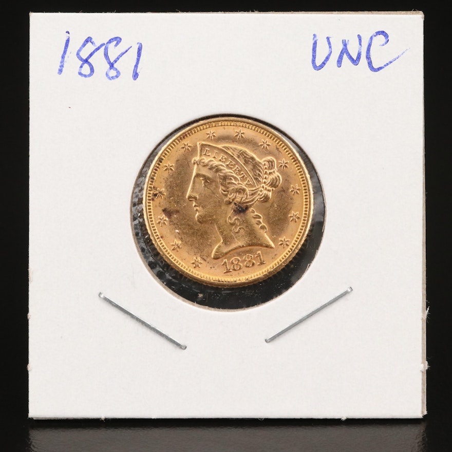 1881 Liberty Head $5 Gold Half Eagle Coin
