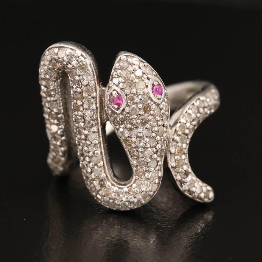 Sterling Diamond and Ruby Snake Ring