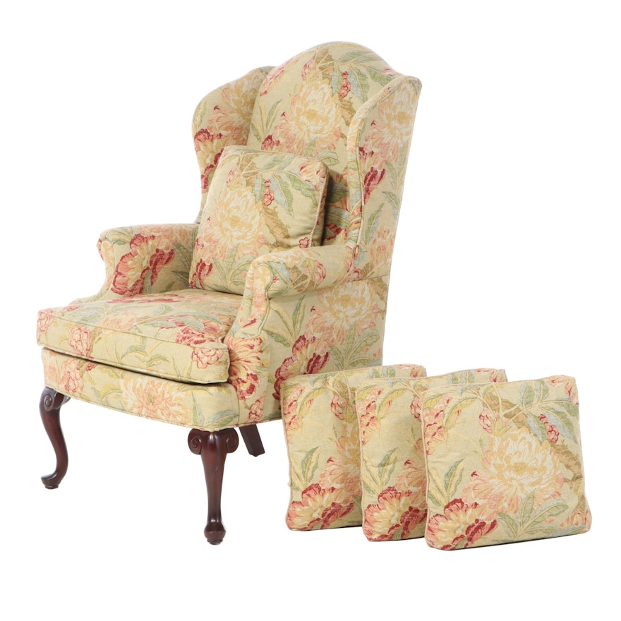 C. R. Laine Queen Anne Style Custom Upholstered Wingback Armchair plus Pillows