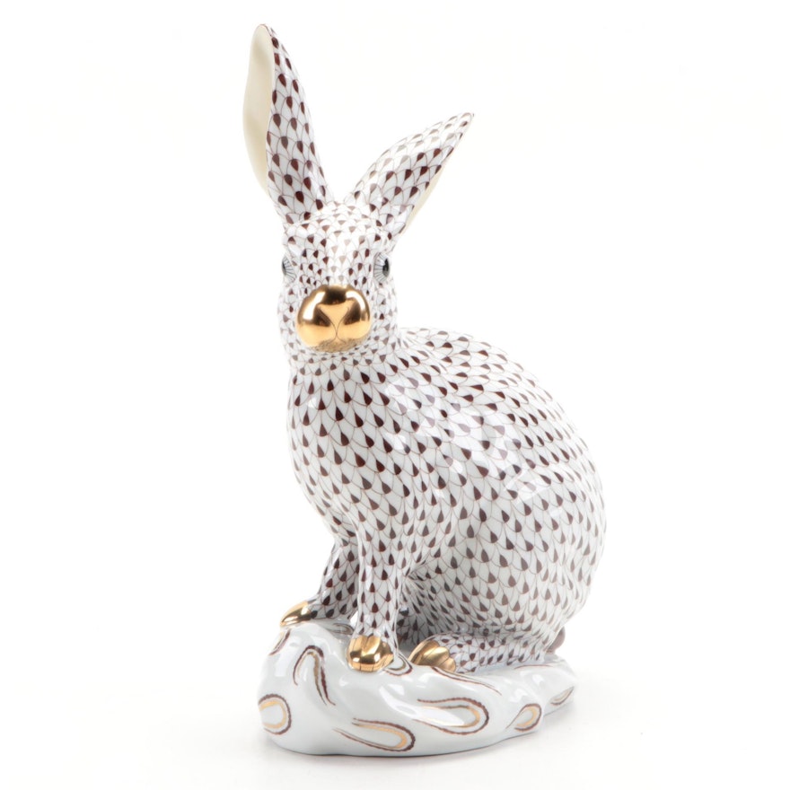 Herend Chocolate Fishnet with Gold "Large Rabbit" Porcelain Figurine