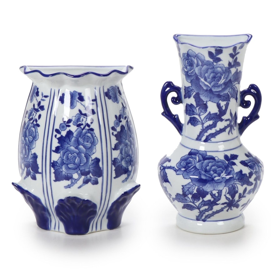 Formalities by Baum Bros. Blue and White Floral Ceramic Wall Vases