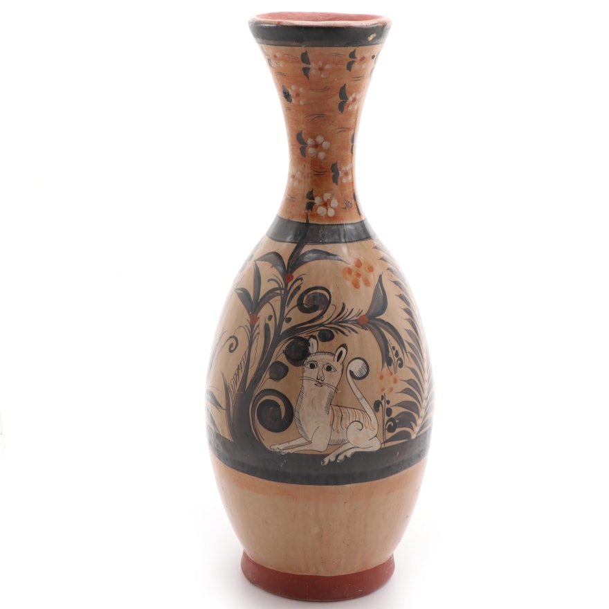 Mexican Folk Art Hand-Painted Terracotta Vase, Late 20th Century