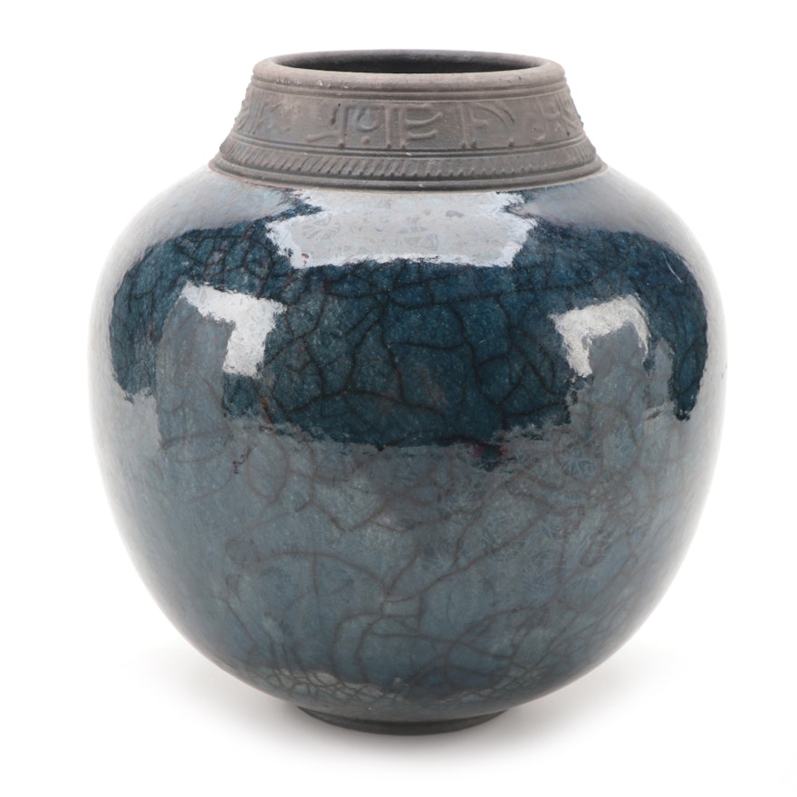 Angela Fina Pottery Blue Crackle Glaze Round Vase