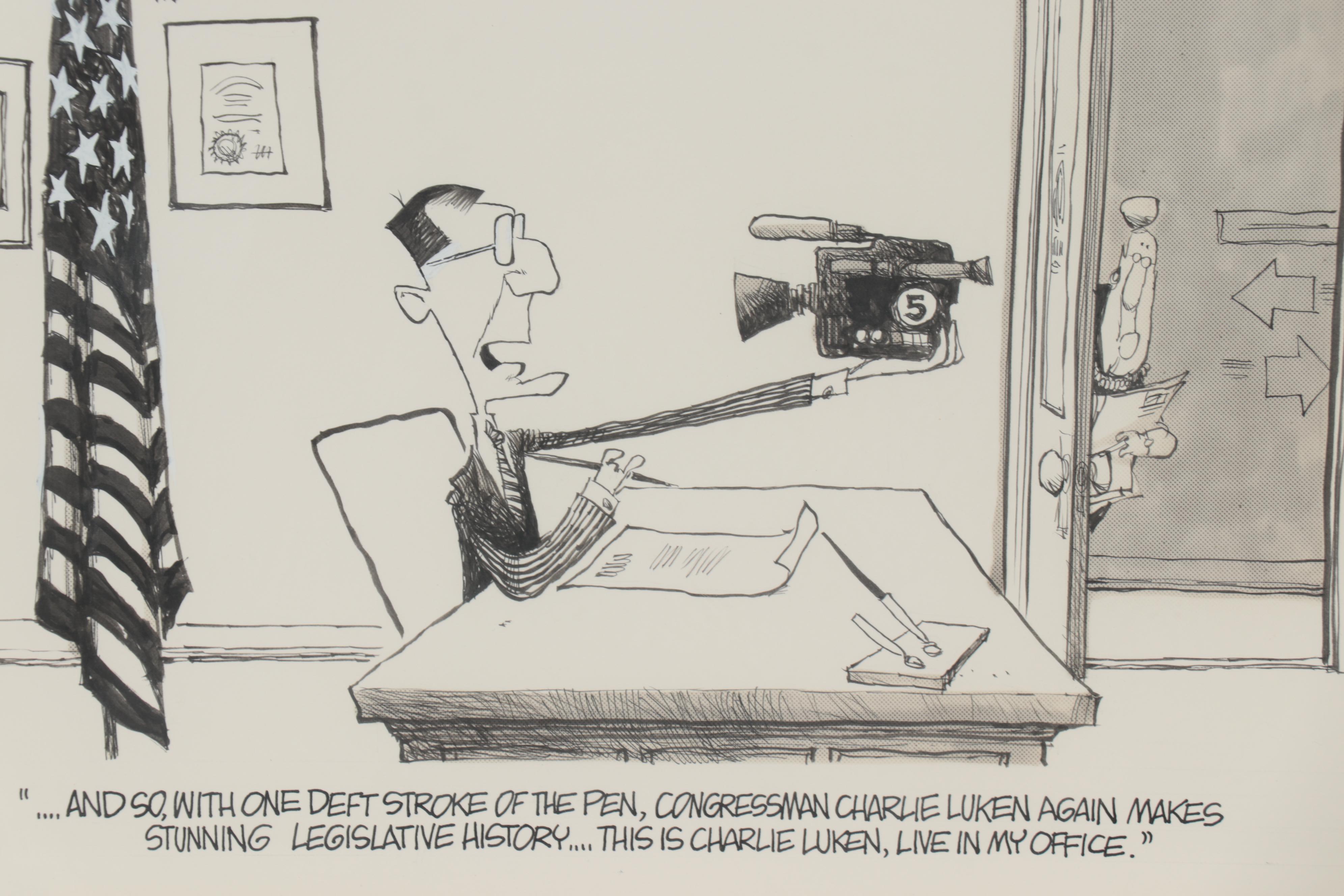 Jim Borgman Cartoon Ink Drawing of Charlie Luken, 1991