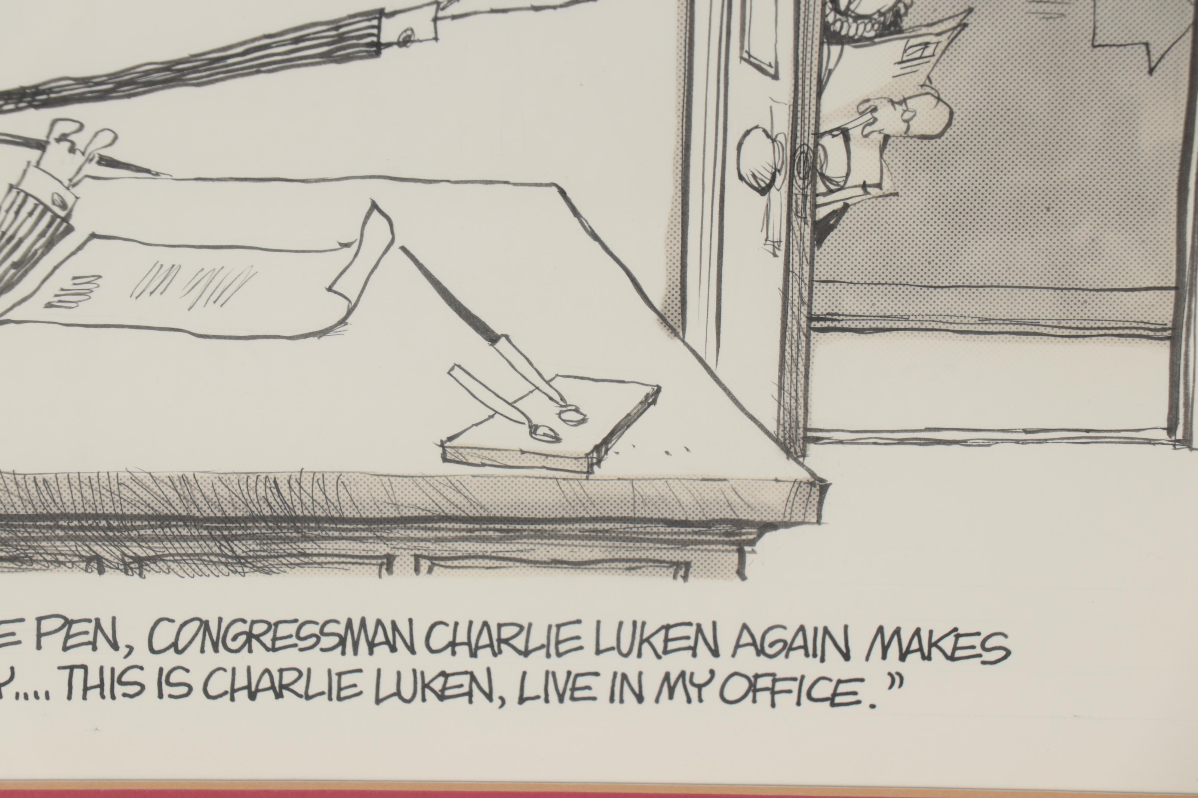 Jim Borgman Cartoon Ink Drawing of Charlie Luken, 1991
